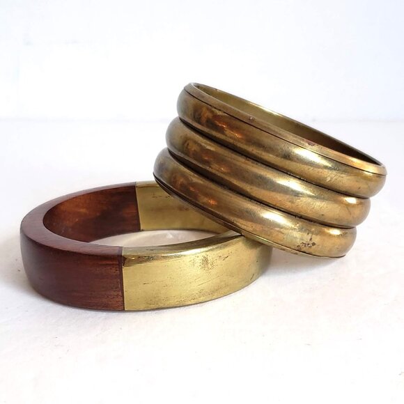 2pcs Vintage BRASS & WOOD Bangles Bracelets Wide Minimalist Modernist - Picture 2 of 12